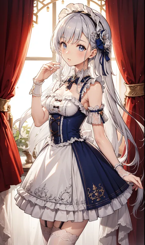 girl，small curve，obsessed，have fun，in love，(white transparent maid uniform，with a long skirt)，silver hair，blue eyes，transparent ...