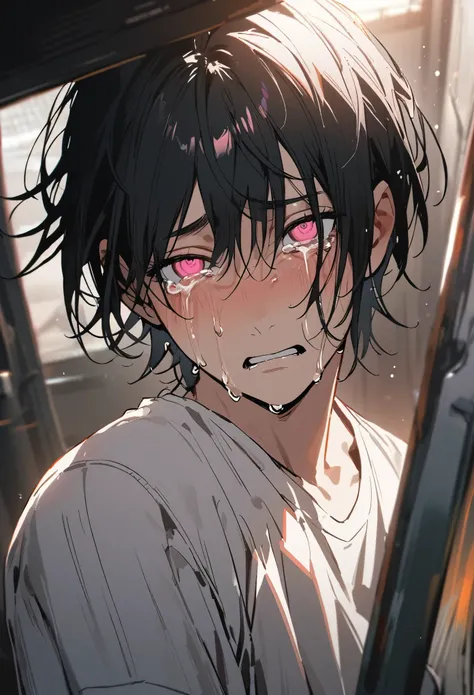 1 boy in chainsaw man style, black hair, bright pink eyes, white t shirt, tilted face, gazing at viewer, sobbing, tears, best quality