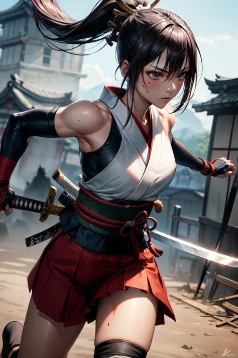 One girl, samurai,Japanese sword,anime,Anatomically correct, A series of character actions, Ninja,ponytail, masterpiece, Textured skin, Action Painting,