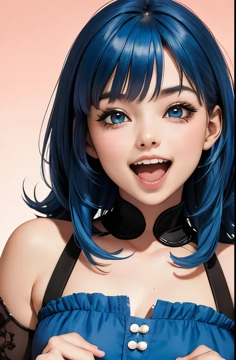 blue hair,  a girl laughing, open mouth, lot of cookies background, full of cookies, symmetrical portraits,