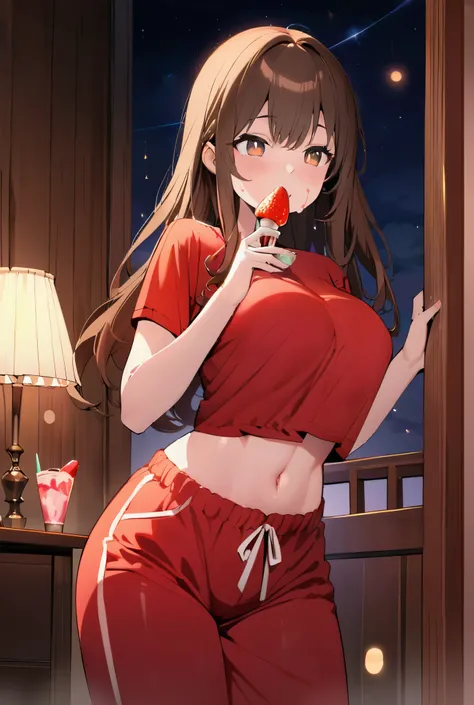 masterpiece, ultra detailed, best quality, illustrations, detailed Beautiful anime girl, detailed night bedroom scenery, standing up, eating a strawberry ice cream, detailed brown hair, long hair, detailed beautiful face, detailed brown eyes, detailed swee...