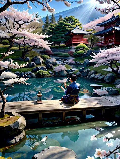 Japanese teahouse next to a quiet pond, surrounded by blossoming cherry trees in spring, very detailed, Blue Sky,fish, swans, mountains in the background, light fog, Sunbeams hit the pond, (an old pipe smoking Japanese sitting on a bench next to the pond),...