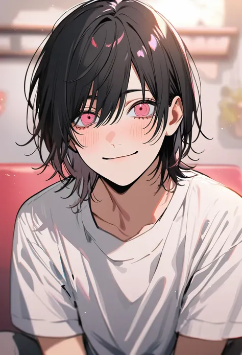 1 boy in chainsaw man style, black hair, bright pink eyes, white t shirt, gazing at viewer, smile, pink blush