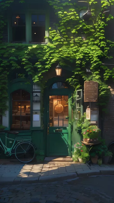 Prompt:
Create a detailed, digital painting of a small bakery nestled on a quiet street. The buildings exterior is covered in lush, green ivy, with a charming green door and a small window above. A vintage lantern hangs by the door, illuminating the entran...