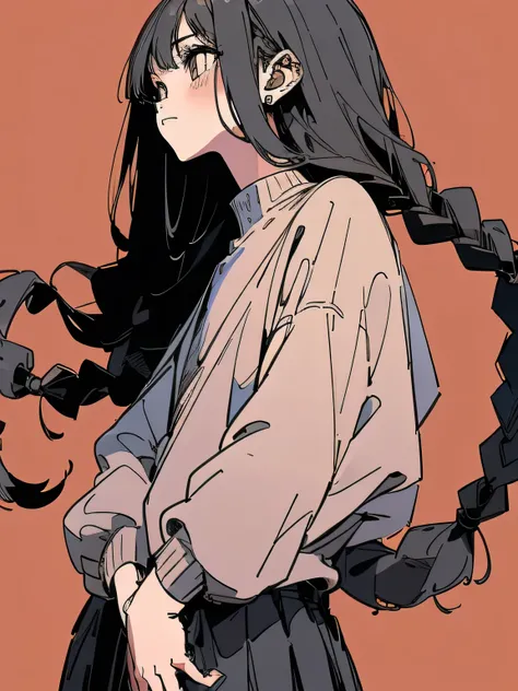 from beahind,Alone,black long low braids,alone、Nostalgia、Loneliness、Nostalgia,retro clothe,Sunset,simple flat color background,(flat),(manga style),(sketch),(illustration),