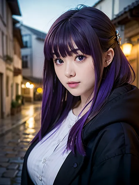 1girl, solo, 17 yo, teenager, (purple hair:1.5), long hair, very long hair, sidelocks, hair ornament, purple eyes, 
break fernba...