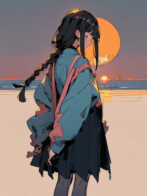 from behind,Alone,black long low braids,closed eyes,alone、Nostalgia、Loneliness、Nostalgia,retro clothe,Sunset,simple flat color background,(flat),(manga style),(sketch),(illustration),