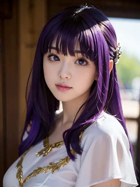 1girl, solo, 17 yo, teenager, (purple hair:1.5), long hair, very long hair, sidelocks, hair ornament, purple eyes, 
BREAK FernDress, purple pupils, hair bun, sidelocks, white dress, gold trim, short sleeves, elbow gloves, white gloves
 BREAK (see-through s...