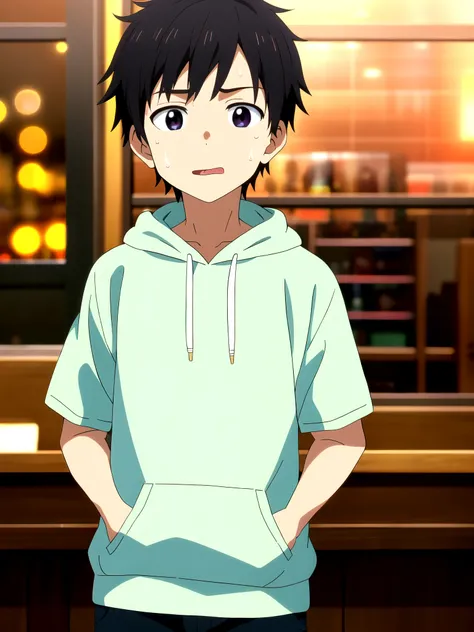 Highres, Masterpiece, Best quality at best,Best Quality,hight quality, hight detailed, 1boy, Boy,Straight hair, Side bangs, Shota, Sweat, Black hoodie, Glove,  Depth of field, Anime screencap style, thin line, Sticking out tongue, Seen from the front, Cute...