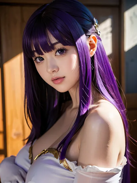 1girl, solo, 17 yo, teenager, (purple hair:1.5), long hair, very long hair, sidelocks, hair ornament, purple eyes, 
break ferndr...