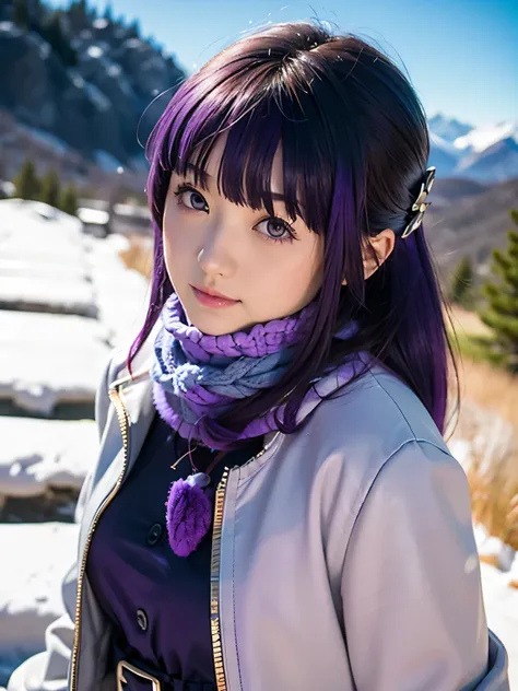 1girl, solo, 17 yo, teenager, (purple hair:1.5), long hair, very long hair, sidelocks, hair ornament, purple eyes, 
BREAK FernWinter, purple pupils, long hair, half updo, ((blue scarf, black dress, white jacket)), fur-trim, cropped jacket, black belt,
BREA...