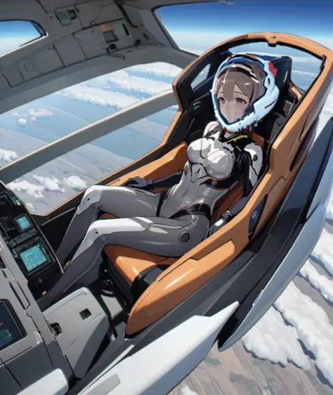 ((Holographic glow effect)),((Female pilot in the cockpit of a reconnaissance plane), (airplane cockpit), (in flight), (10000 feet altitude)、(sky view):1.7), A Japanese woman,Small face,short hair, BLACK hair, eyeliner, girl, nside the (cockpit:1.9) of a (...