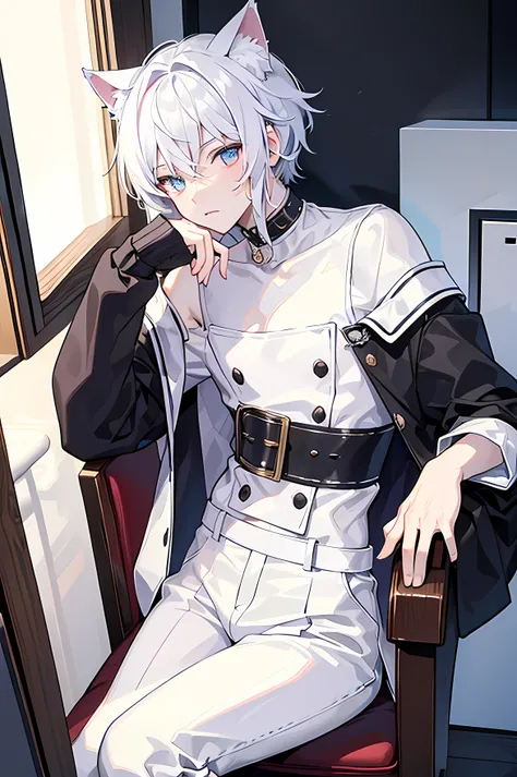 Cat ears, cat boy, cute, twenties, handsome, high quality, white hair, masterpiece,