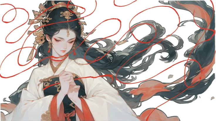 goddess of match, woman, 1woman, wearing exquisite silk clothes, hanfu, there's red string of fate surrounded her, moon backgrou...