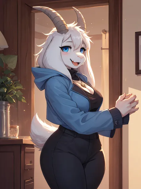 woman, young adult, smiling, beautiful smile, open mouth, showing fangs, alone, in a house, hairy, goat, anthropomorphic goat, Asriel, Undertale ((Asriel Dreemurr)), big breasts, big, big ass, wide hips, perfect female body, tall, ((long hair, long white h...