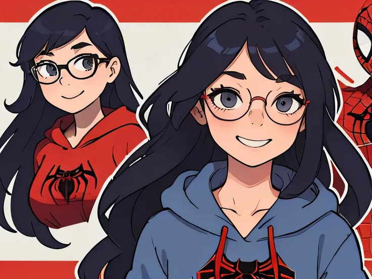 illustration, portrait of a girl having long wavy hairs, wearing spectacles, standing straight, smiling lightly, wearing spiderman sweater, wearing a hoodie
