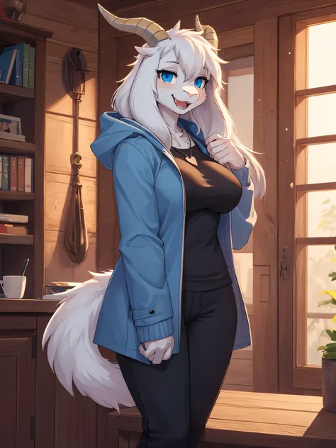 woman, young adult, smiling, beautiful smile, open mouth, showing fangs, alone, in a house, hairy, goat, anthropomorphic goat, Asriel, Undertale ((Asriel Dreemurr)), big breasts, big, big ass, wide hips, perfect female body, tall, ((long hair, long white h...