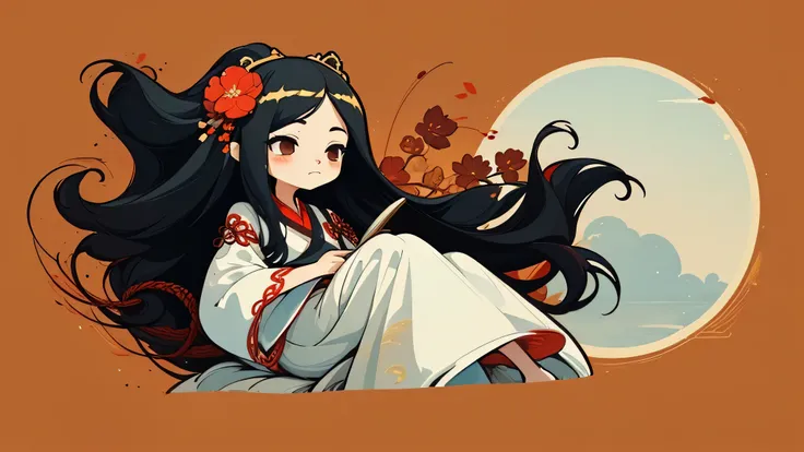 1 sticker, handbook, (sticker, 1 girl, long black hair, Chinese Tang dynasty clothes, white hanfu, embroidery, gold crown headpieces, red threads, red strings, red flower, pavilion), watercolor, light background, background, minimal, cute, tiny, pastel col...