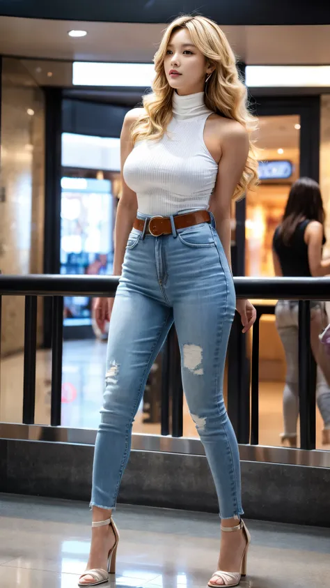 A sexy adult woman, korean idol, plump body, big hips, big breasts, big things, wavy blonde hair, casual white tight basic shirt with turtle-neck spandex sleeveless, jeans short shorts with low waist, belt, stilettos, at large mall, indoor, standing on the...