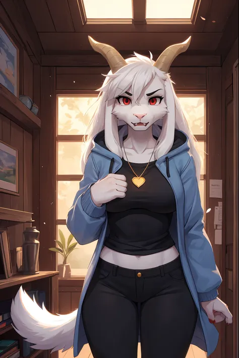 woman, young adult, fury, anger, showing fangs, alone, in a house, hairy, goat, anthropomorphic goat, asriel, undertale ((asriel...