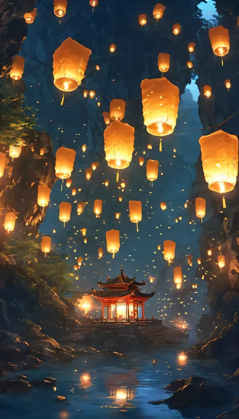 1.Place the river lanterns by the river，Cave，(((Kongming Lantern Wishing Lantern)))Many sky lanterns are lit on the water, floating lights, Lights and reflections, Glowing lights! Intermediate Metaverse Elements，number, glowing reflections, think. author：S...