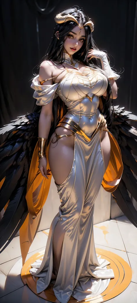 a (super realistic) beautiful sexy woman(albedo _overlord) with (glossy orange colour eyes(perfect sharpness & detailing) and wh...