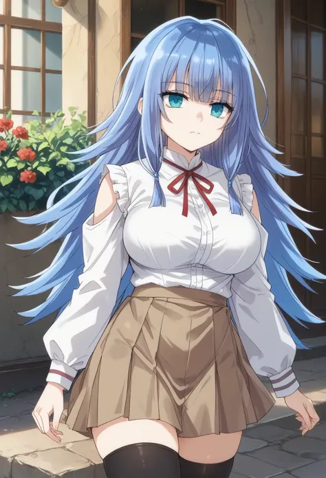 Charlotte Reis, 1girl, solo, blue hair, long hair, large breasts, blue eyes, blunt bangs, hair between eyesshirt, long sleeves, ribbon, closed mouth, , white shirt, pleated skirt, frills, puffy sleeves, brown skirt, black thighhighs, red ribbon, neck ribbo...