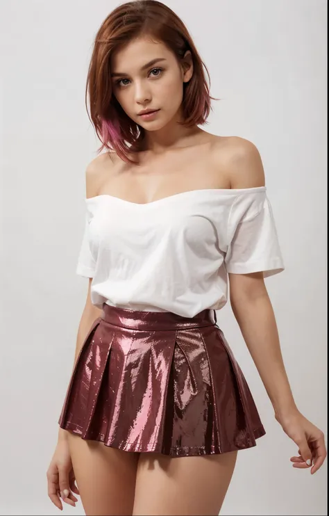 a beautiful woman, 30 yo, short red hair, shimmering brown eyes, with , with a purple and pink blaser, skirt, and white background, intricate details,