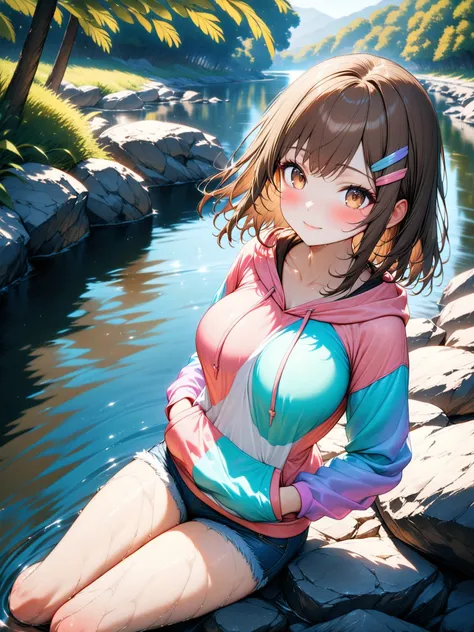 relaxed girl, sitting by the water, (medium hair), (shoulder length hair:1.2), (wavy brown hair), colorful hairpins, (bright expressive brown eyes), slight blush,  soft smile, slim waist, (big breasts:0.5), natural round breasts, petite body, (short stack)...