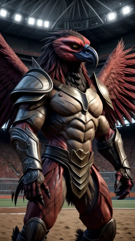 Flamengo Titan (Titan Urubu): A humanoid titan resembling a vulture, with a body covered in black feathers similar to a vulture. He wears intricately detailed armor in vibrant red, featuring a flame symbol on the chest. His armor shows signs of battle with...