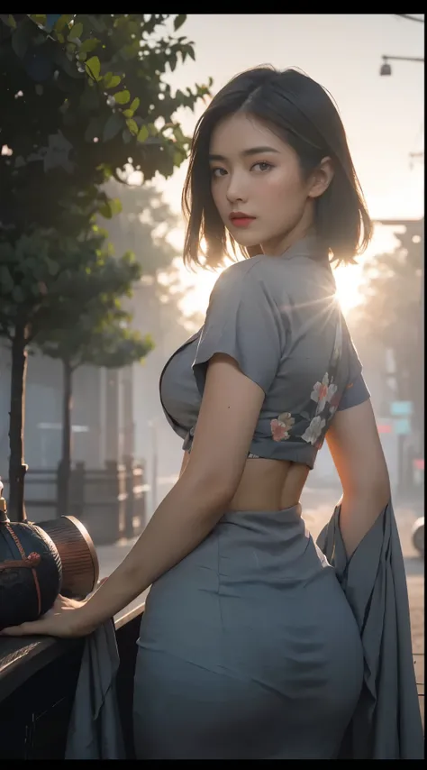 (dark shot:1.4), 80mm, (dark shot:1.4), masterpiece, best quality, game_cg, in summer, girl, solo, medium hair, white hair, looking at viewer, brown eyes, gigantic breasts nearly exposed, perfect booty, 80mm, epic realistic, painting of a geisha with europ...