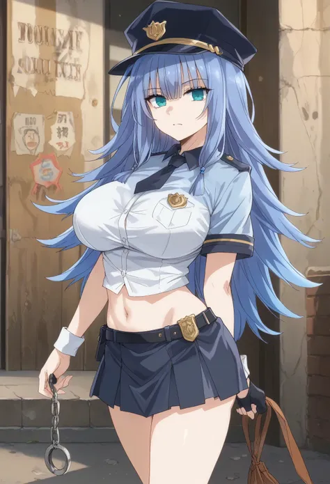 Charlotte Reis, 1girl, solo, blue hair, long hair, large breasts, blue eyes, blunt bangs, hair between eyes,police,policewoman,police uniform,police hat,cuffs,cuffed,sexy police uniform,big breast,midriff,navel,mini skirt
