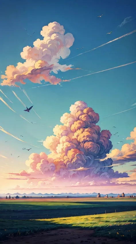 (landscape), A flat plain stretching towards the horizon, with a small flock of birds flying high in the sky above.