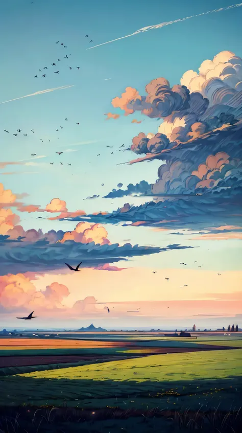 (landscape), A flat plain stretching towards the horizon, with a small flock of birds flying high in the sky above.