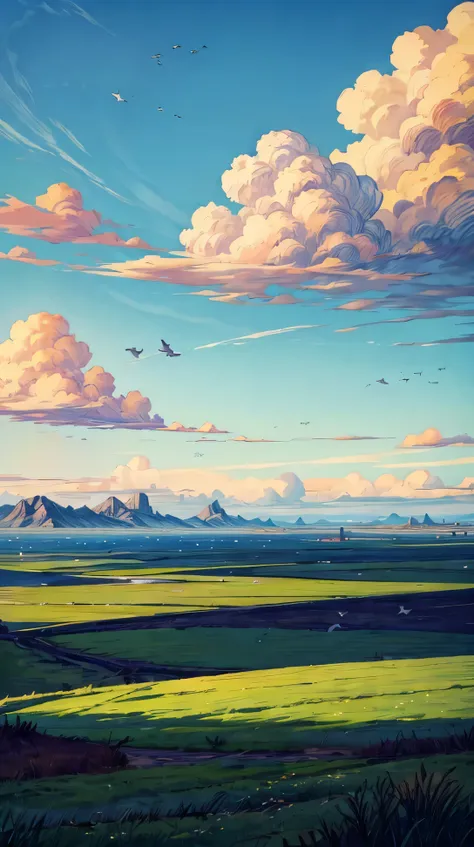 (landscape), A flat plain stretching towards the horizon, with a small flock of birds flying high in the sky above.