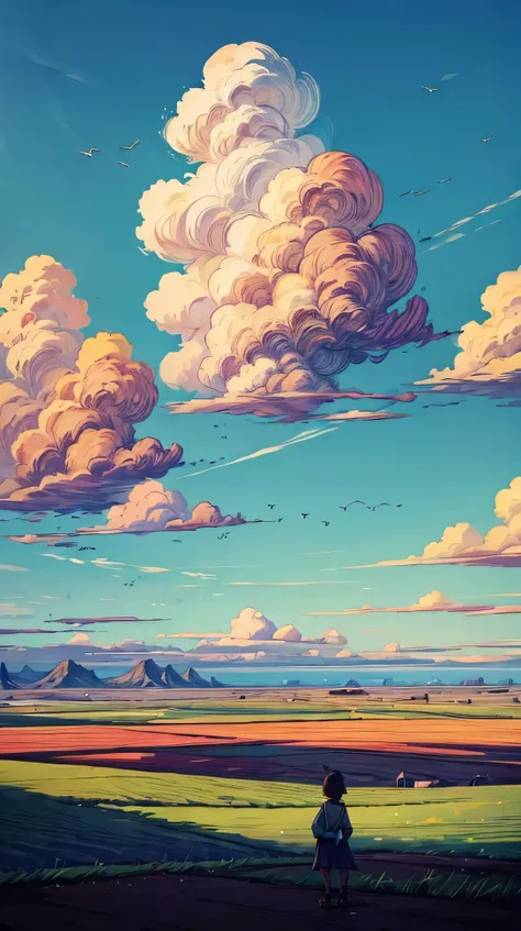 (landscape), a flat plain stretching towards the horizon, with a small flock of birds flying high in the sky above.