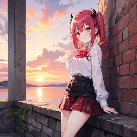 sunset leaning on a wall posing with a pose Satanichia mcdowell smiling and dressed in a kilt magenta eyes bright red long hair held with 2 pigtails 