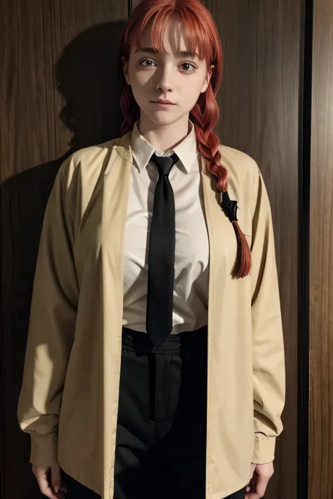 hands, by the wide, smile, fringe, (big breasts: 1.2), (yellow eyes: 1.2), Braid, Red hair, cola de caballo Braidda, haggard eyes, shirt, mangas largas, jacket, shirt blanca, tie, shirt con cuello, pantalones jacket negra, black pants, formal, I wore a, ti...