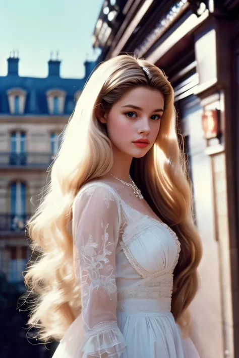 1990 movie still film, paris, high resolution, 1girl, solo, long hair, pale light skin, highly aesthetic, vintage aesthetic, rom...