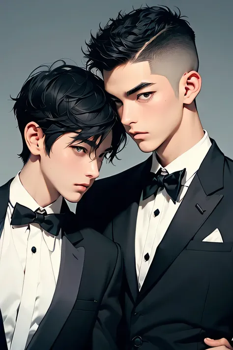 Japanese　　Handsome　Short cut　Shaved head　Black Hair　male　Black Tuxedo　formal　Upper body naked　Being thin　Background Universe　Short cut　Shaved head　Men flirting with each other　