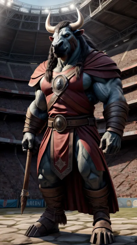 Internacional Titan (Titan Touro): A titan resembling a bull, muscular and strong, clad in medieval Viking-inspired clothing. He wields a large axe in one hand and wears a fur-lined tunic in red and white. He is in a stadium, facing the camera, with a focu...