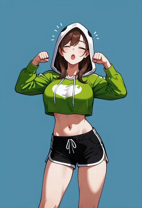 (best quality, masterpiece:1.2), perfect body, large  breasts, printed cropped hoodie, athletic shorts, sleepy face, yawning, standing pose, messy bedroom, morning, arms behind back, 