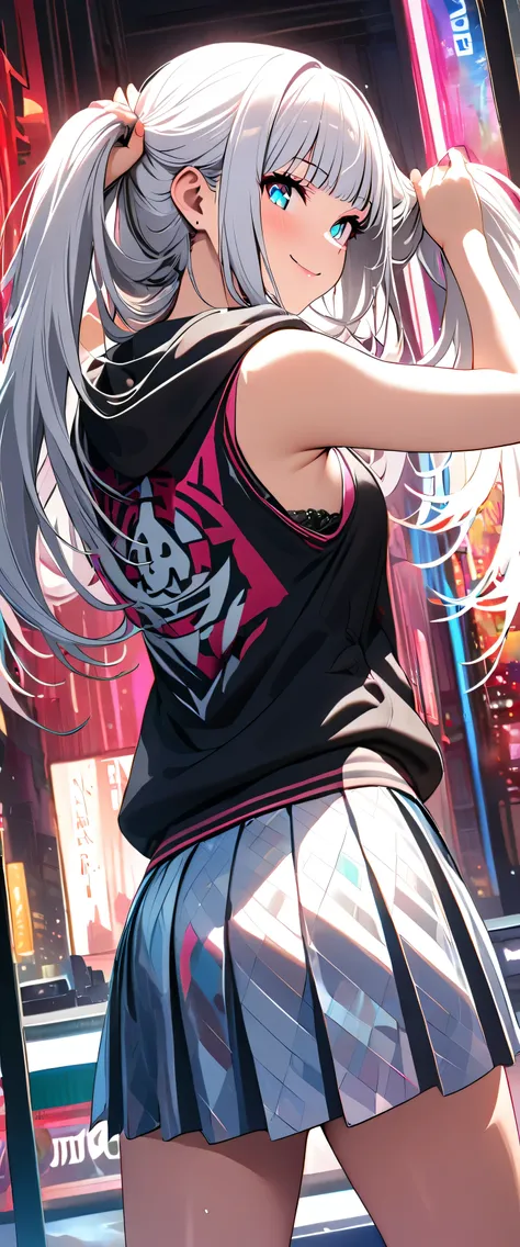 anime girl in a skirt and tank top standing on a city street