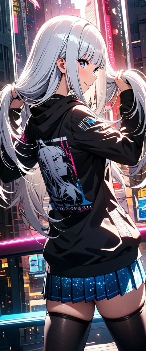 anime girl with long white hair and black top in city