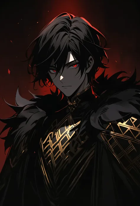 solo, handsome, 1 male, short hair, black hair, dark red eyes, black shirt, black fur cape with the only color being the golden ...