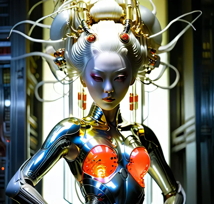 A photograph of mid-twenties Japanese female android made of shiny white and silver translucent glass and plastic, geisha makeup and hairstyle, silver metal internal body mechanisms, dynamic pose, flowing organic construction, glowing golden circuitry, col...