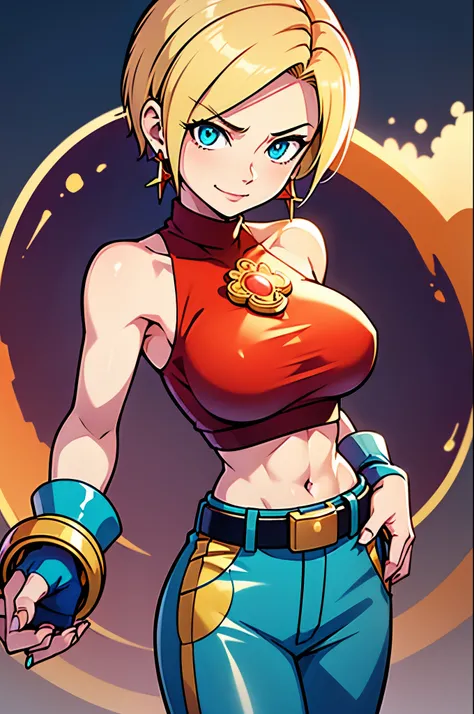 young girl, longue blonde hair, Hairpin with a bundle, turquoise eyes, Yakuza tattoos, red tight uniform, Sleeveless, Wide neckline on the chest to the abdomen, Gold Elements, Red gold armor, Shorts, claws, smirk, Masterpiece, hiquality, 4k, HD, Good detai...