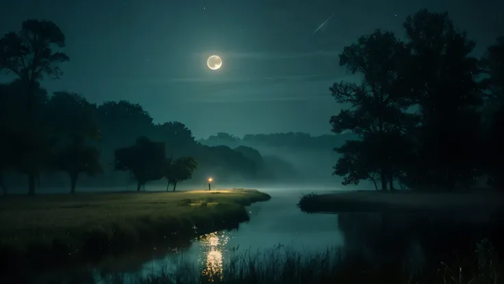 swamp river firefly moon night fog landscape