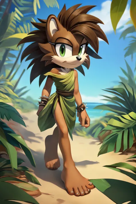 male, Mobian, with a yellow brown hair, a leopard animal pelt like jungle dress, one shoulder jungle dress , long wild spiky hair, hair over shoulders, mane of hair down back, (masterpiece, best quality, detailed face, detailed eyes), green eyes, black wri...