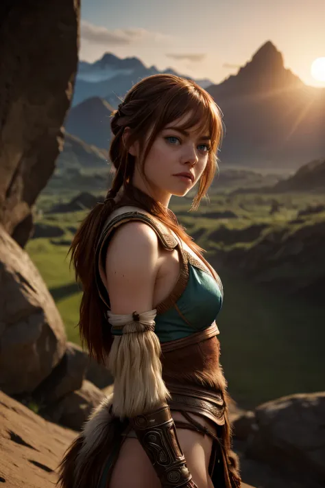 Masterpiece, 16K, hyper realistic photography, Best Quality, (super detailed), (Exotic Sexy Erotic Emma Stone as Aloy), armor Carja Silks, realistic skin, lighting soft, facing viewer with kiss, show breast, show wet vaginal, mountain, solar eclipse, bokeh